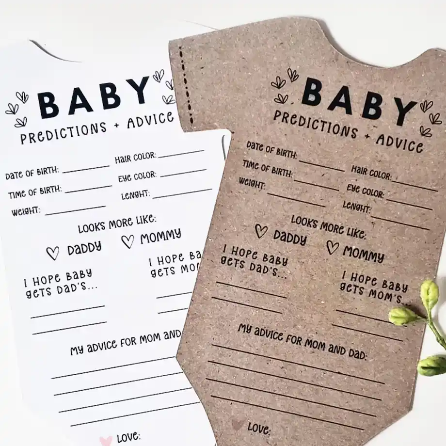 Adorable onesie-shaped cards for guests to share baby predictions and parenting advice during baby shower games.