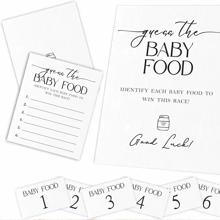 A complete set of "Guess the Baby Food" cards with labeled numbers, perfect for interactive baby shower games.