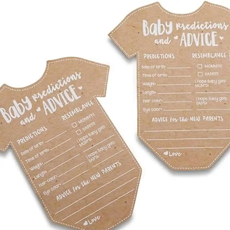 Rustic kraft-style cards for baby predictions and advice, adding a personal touch to baby shower games. 