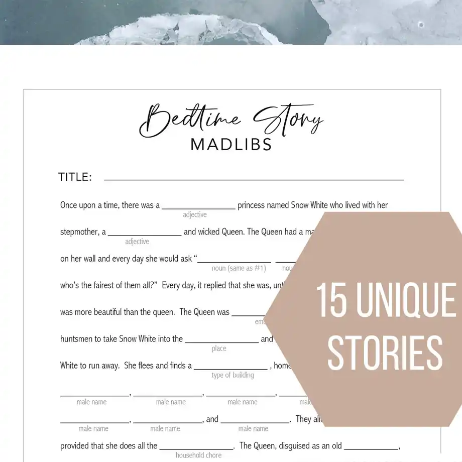 A creative baby shower game featuring a bedtime story Mad Libs template with 15 unique story variations for guests to fill in.