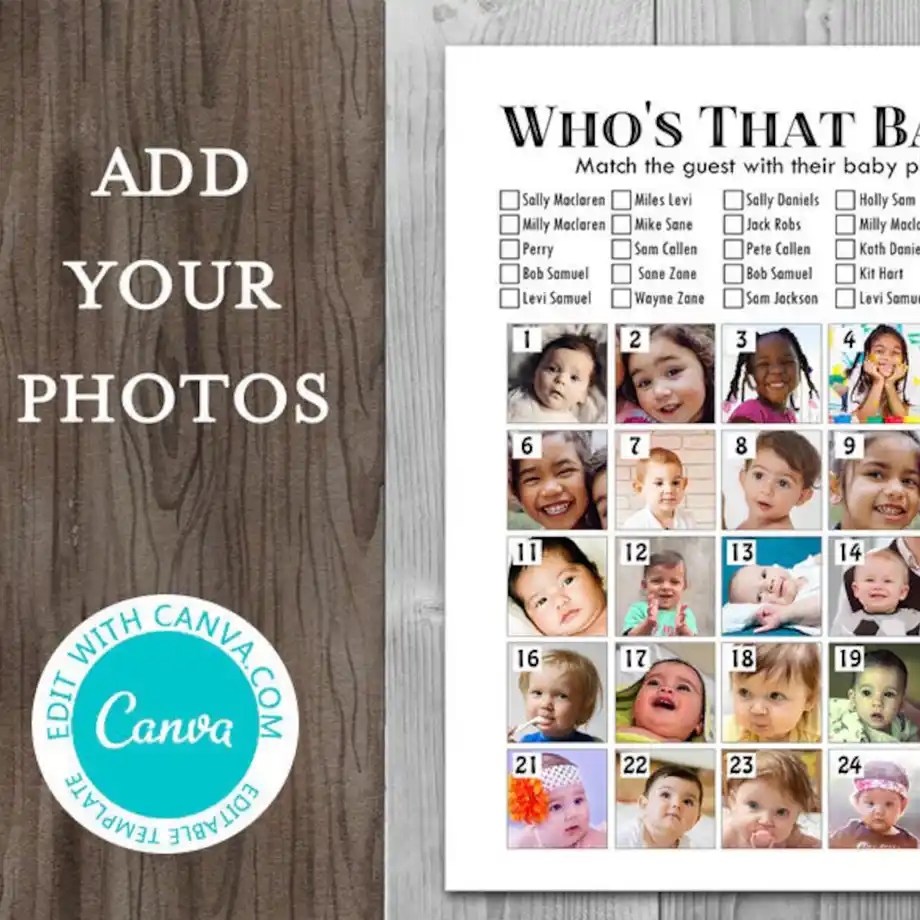 Baby shower photo match game featuring spaces for guest baby pictures and a list to guess who’s who.