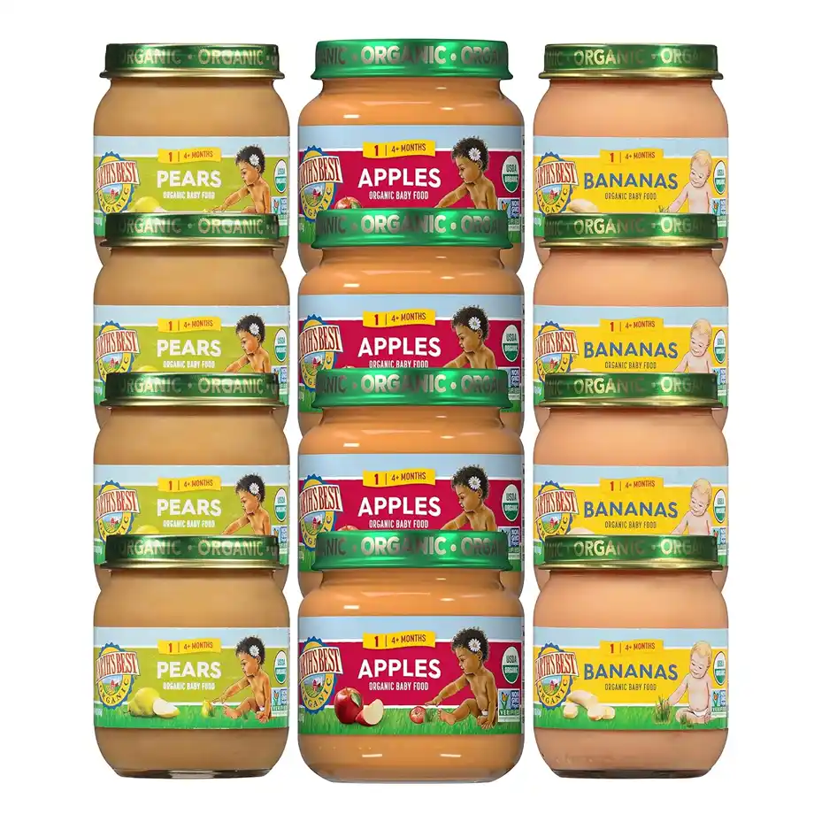 A selection of organic baby food jars in different flavors, ideal for the "Guess the Baby Food" baby shower game.