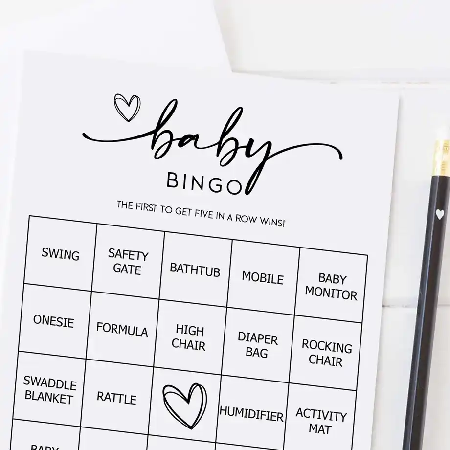 Minimalist baby bingo cards designed for baby shower games, featuring fun baby-themed items like diapers and rocking chairs.