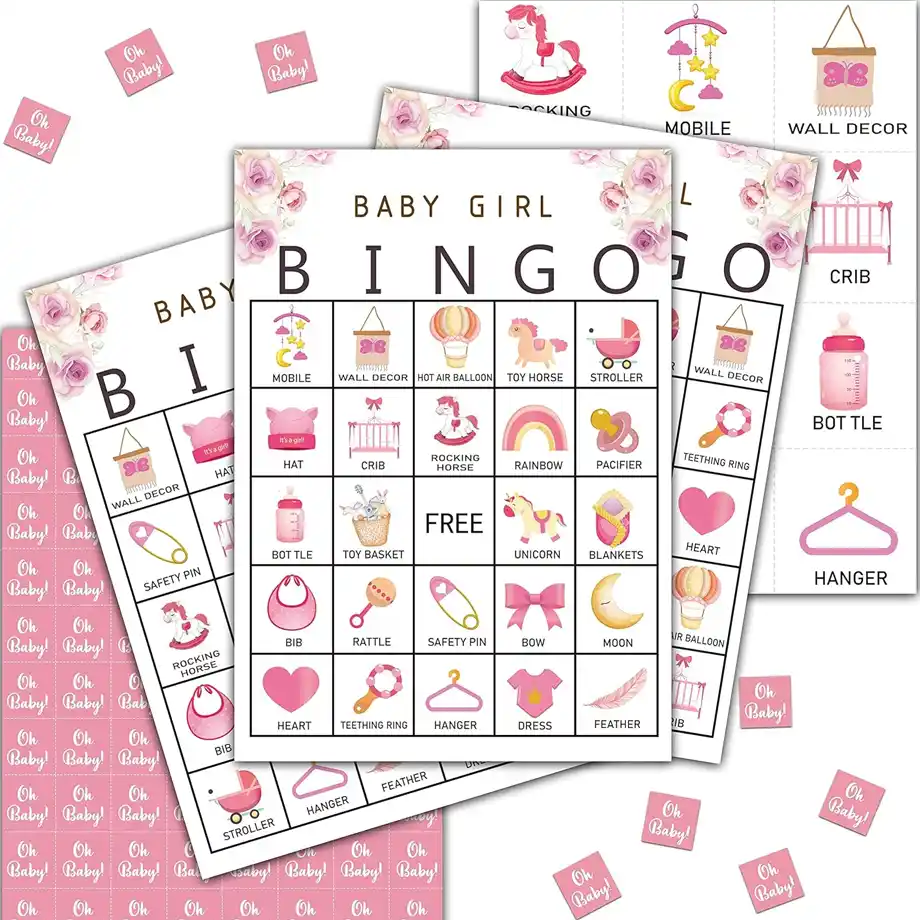 Colorful and playful baby bingo cards with a baby girl theme, great for entertaining guests during baby shower games.