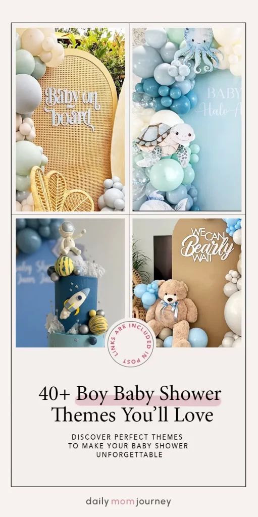 A collection of boy baby shower themes, showcasing whimsical designs like 'Baby on Board,' ocean creatures, celestial details, and teddy bear decor.