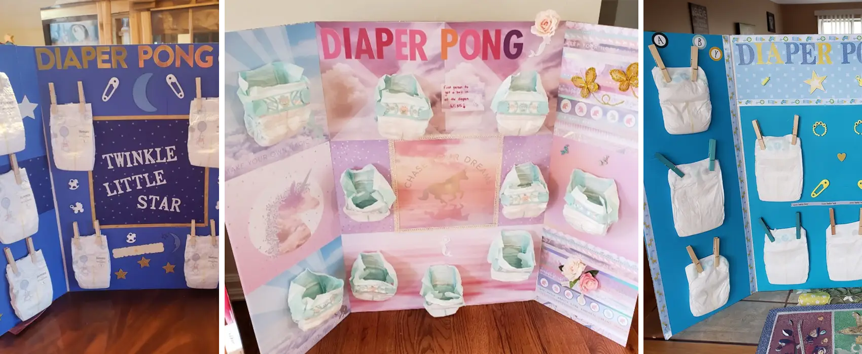 A collection of creative diaper pong game boards, including "Twinkle Little Star," unicorn-themed, and blue baby shower game designs.