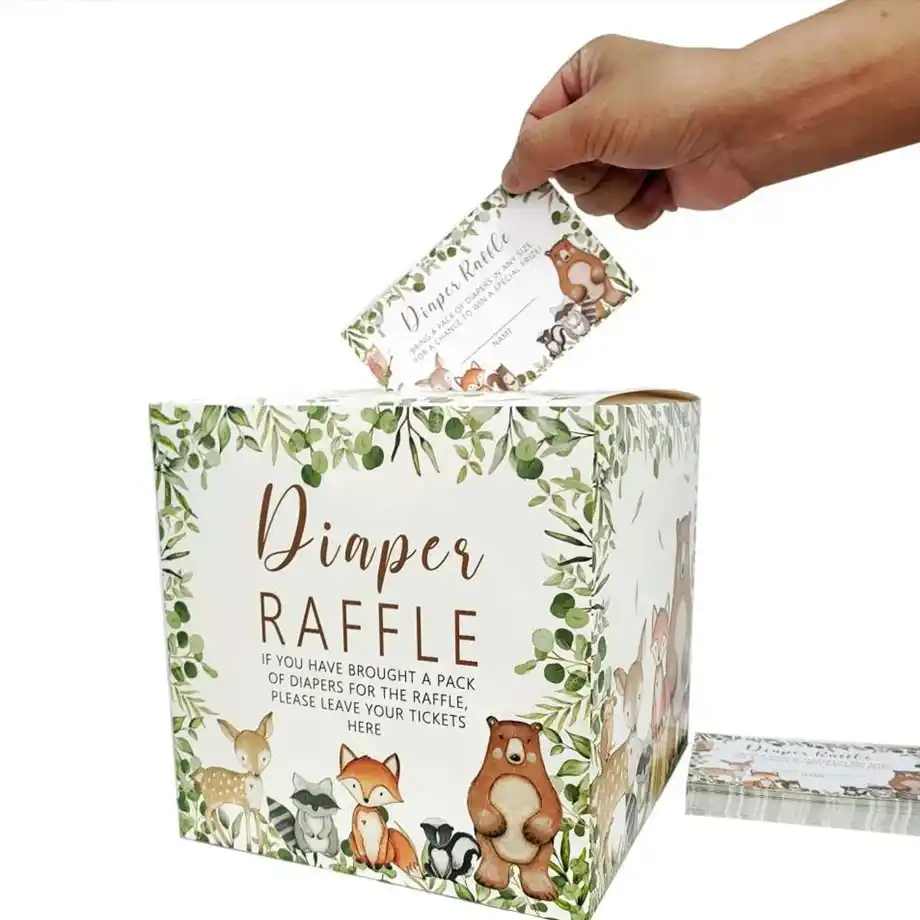 A woodland-themed diaper raffle box with forest animal designs, ideal for a baby shower game.