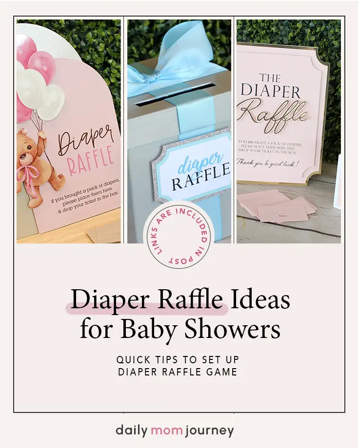 A collection of elegant diaper raffle setups featuring pink and blue pastel signs and matching ticket boxes for a baby shower game.