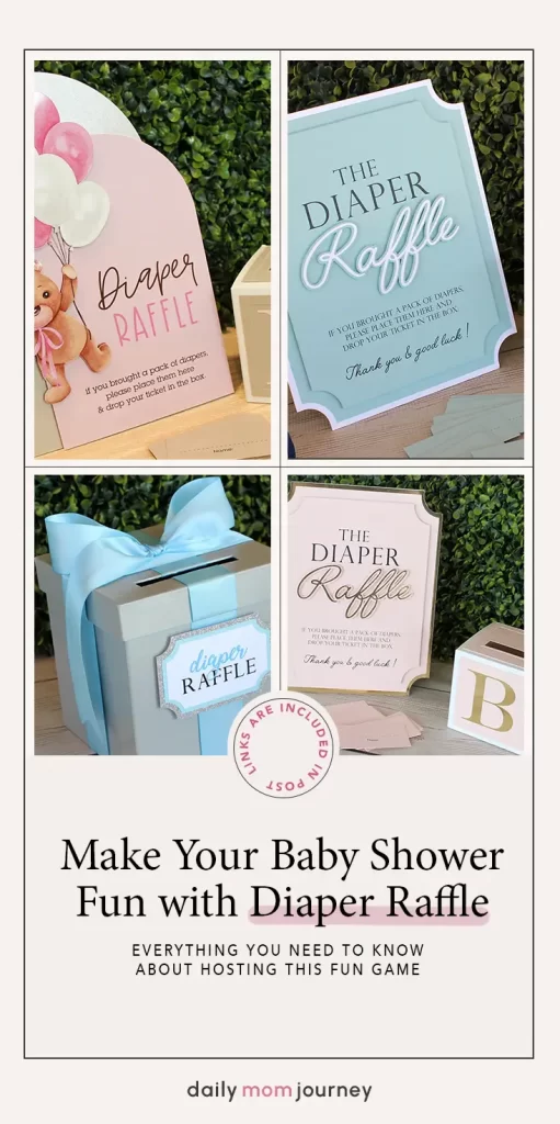 A variety of creative diaper raffle designs with pastel colors, ribbon-decorated boxes, and raffle signs for a stylish baby shower game.