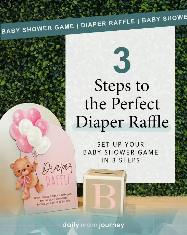 A pink teddy bear-themed diaper raffle setup with instructions on hosting the perfect baby shower game in 3 steps.