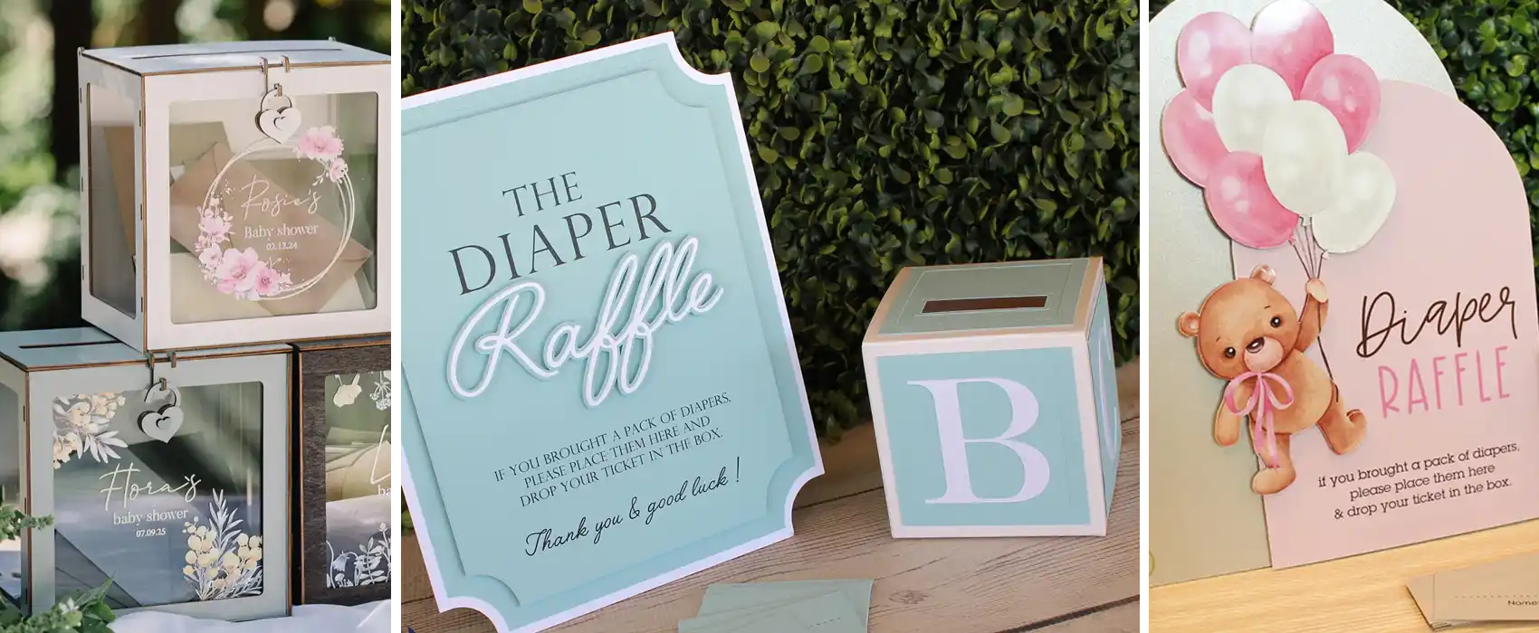 Three stylish diaper raffle setups for a baby shower game, featuring a glass raffle box, a pastel blue card and ticket box, and a pink teddy bear sign with balloons.