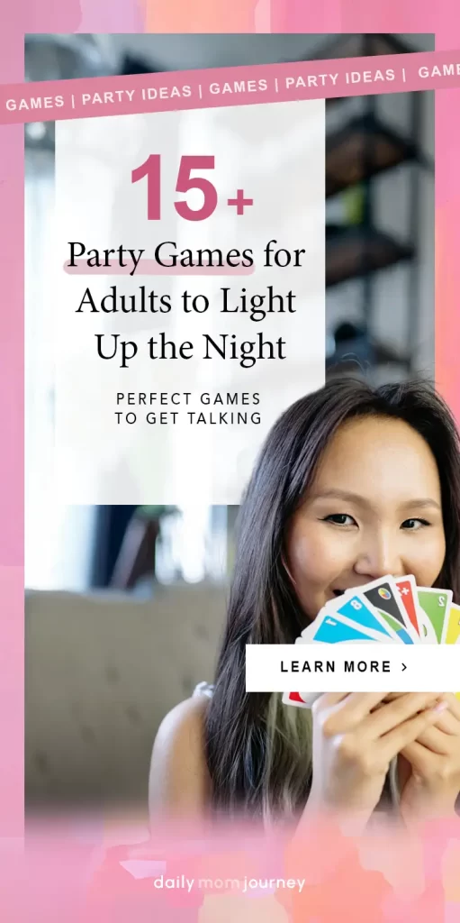 Cover image featuring a woman holding colorful cards, promoting 15+ party games for adults to spark conversations and fun.