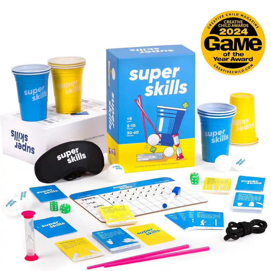 'Super Skills' game set with fun challenges, perfect for team-based and competitive party games for adults.