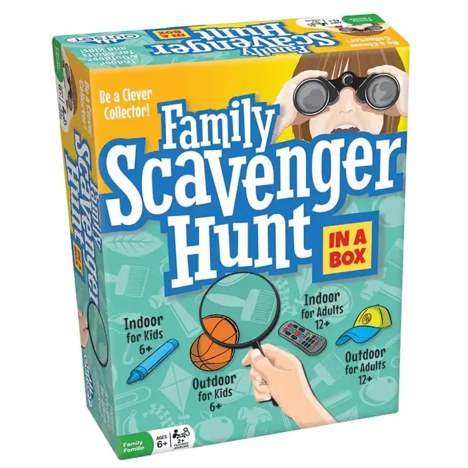 Box for 'Family Scavenger Hunt,' a versatile game for indoor and outdoor party games for adults and kids.