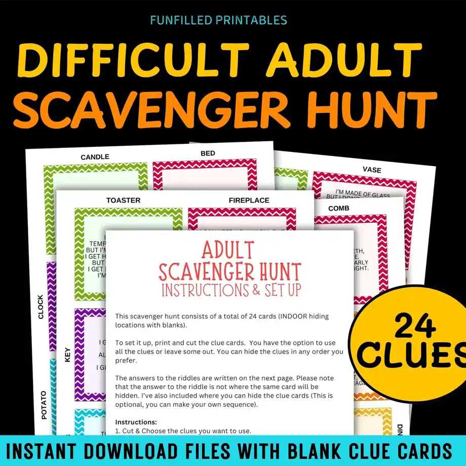 Set of printable scavenger hunt cards designed for challenging and engaging party games for adults.