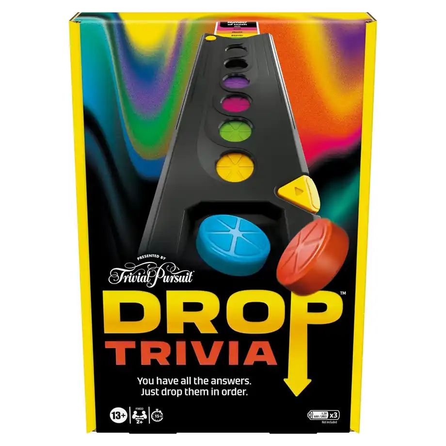 Box of 'Trivial Pursuit Drop Trivia,' a colorful and interactive game perfect for competitive party games for adults