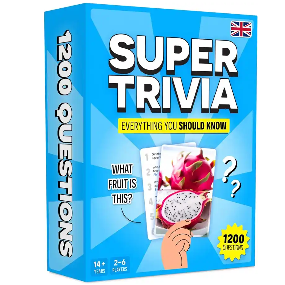 'Super Trivia' game box featuring 1200 questions, ideal for knowledge-based party games for adults.