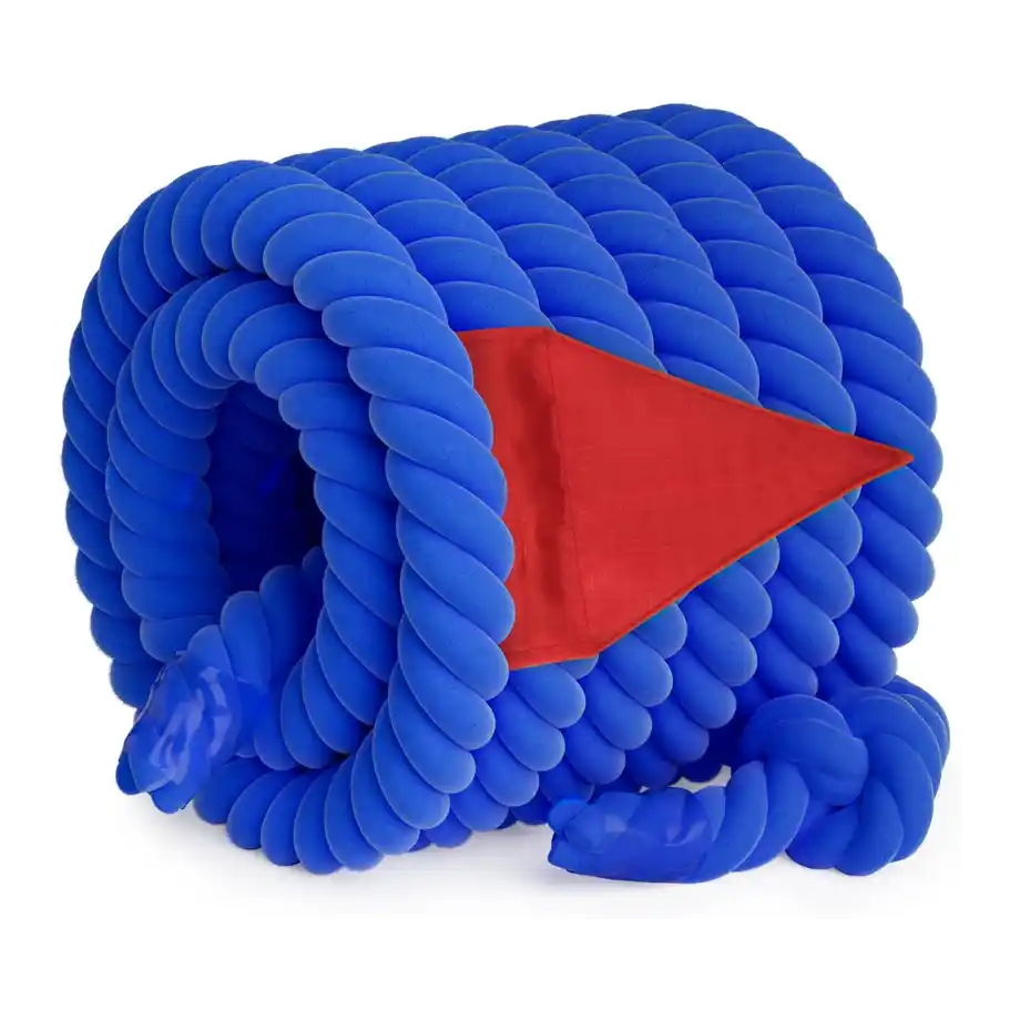 Blue tug-of-war rope with red flag, designed for energetic and competitive party games for adults.