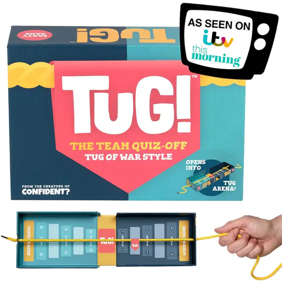 'Tug! The Team Quiz-Off Game,' combining tug-of-war with trivia for interactive party games for adults.