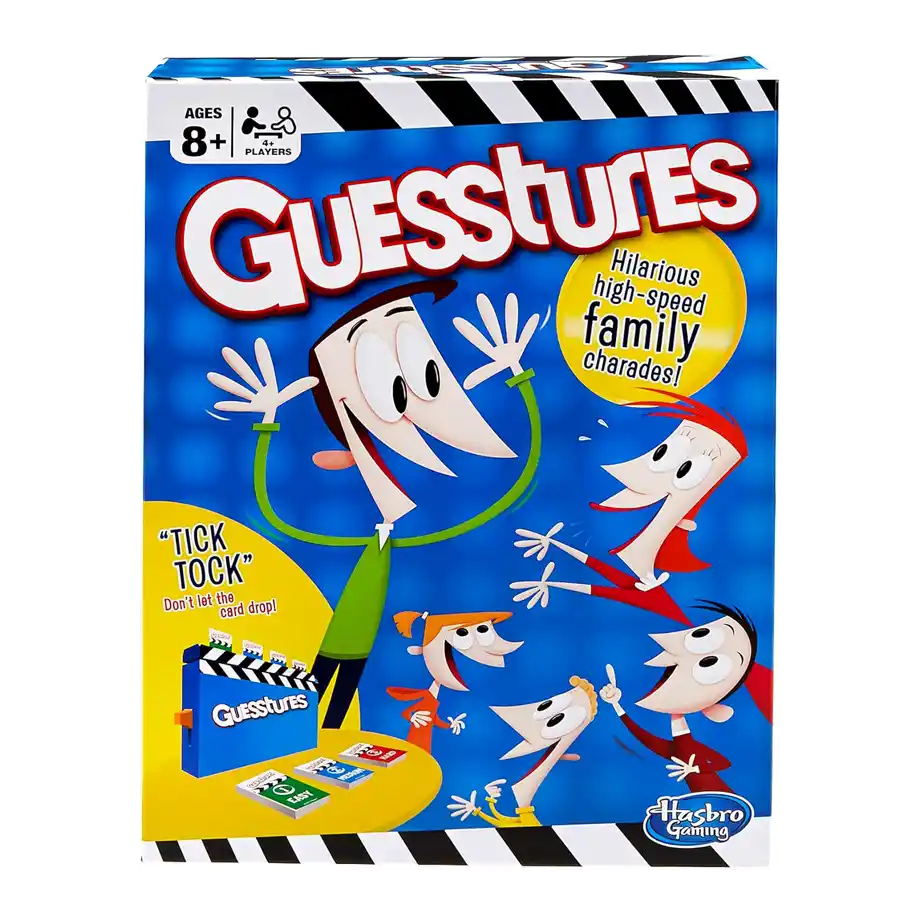 'Guesstures' game box featuring fast-paced family charades, perfect for entertaining party games for adults and kids.