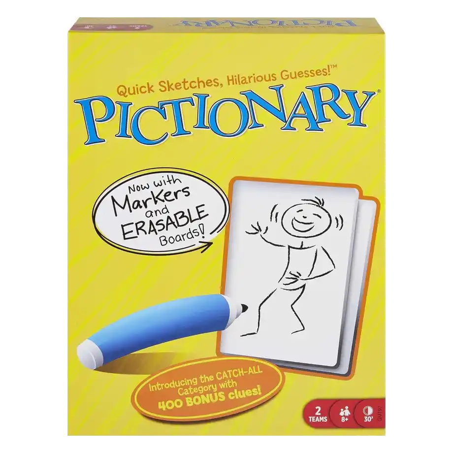 'Pictionary' box featuring erasable boards and markers, a timeless drawing-based party game for adults.