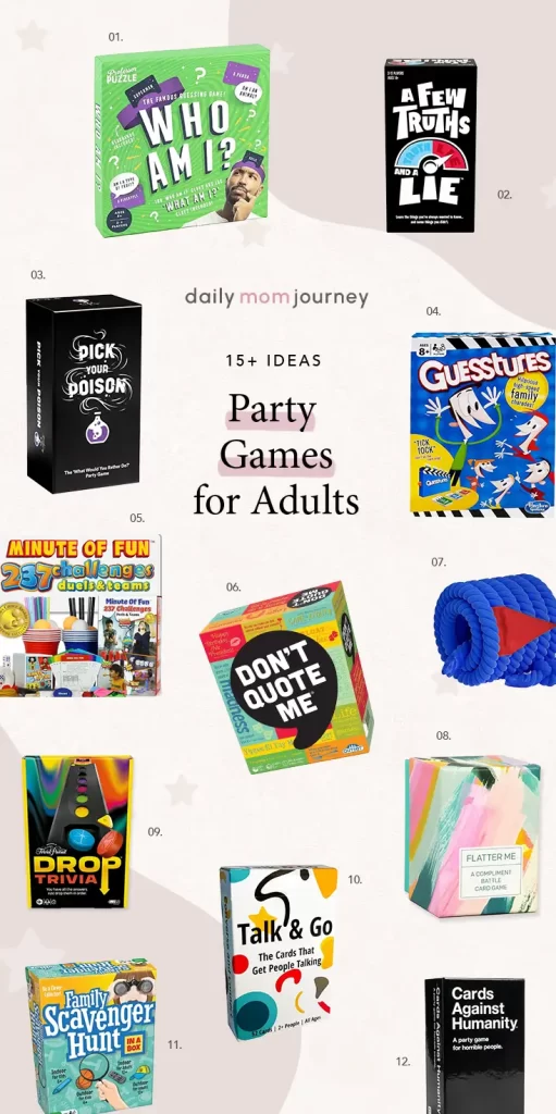 Collage of party game boxes including Who Am I?, Pick Your Poison, and Minute of Fun, showcasing 15+ party game ideas for adults.