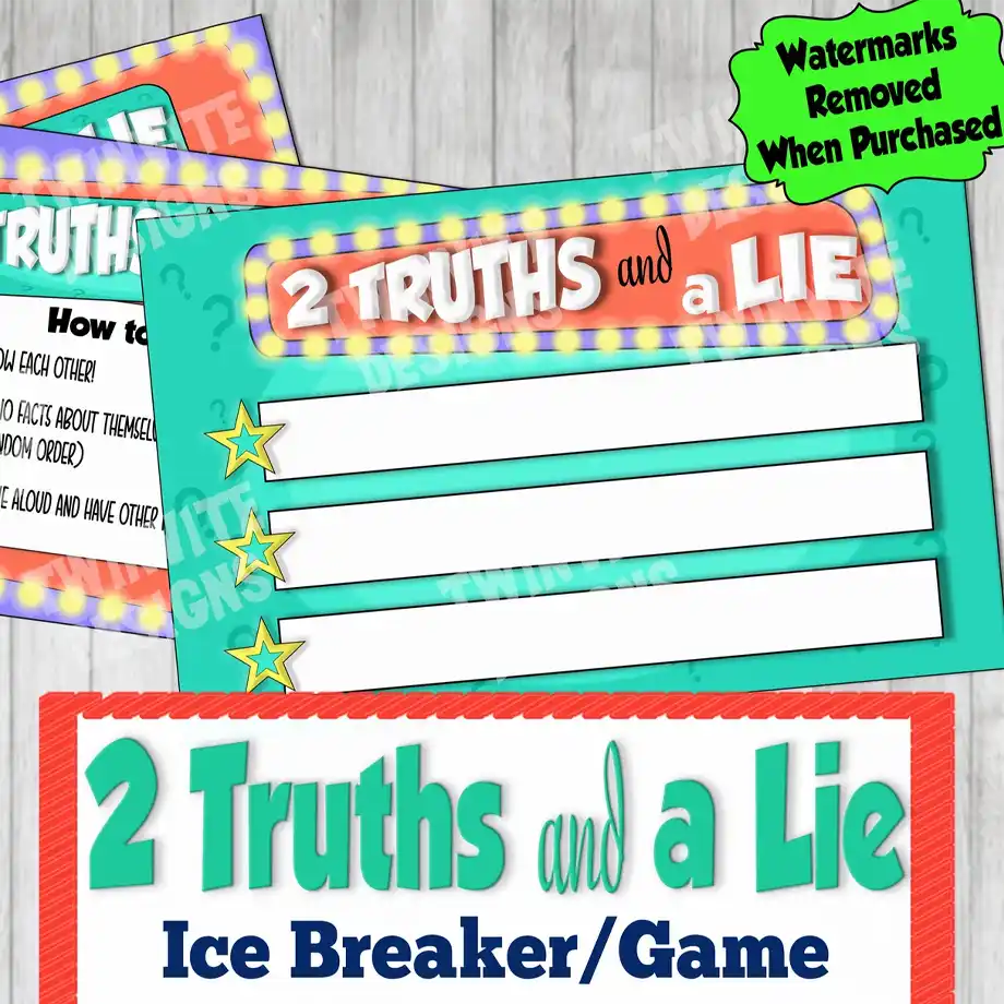 Colorful printable 'Two Truths and a Lie' cards designed for icebreaker party games for adults to encourage laughter and bonding.