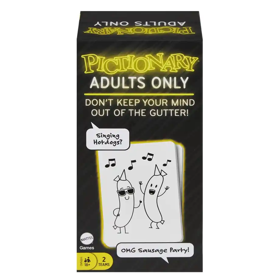 'Pictionary Adults Only' box with cheeky prompts, perfect for laughter-filled and creative party games for adults.