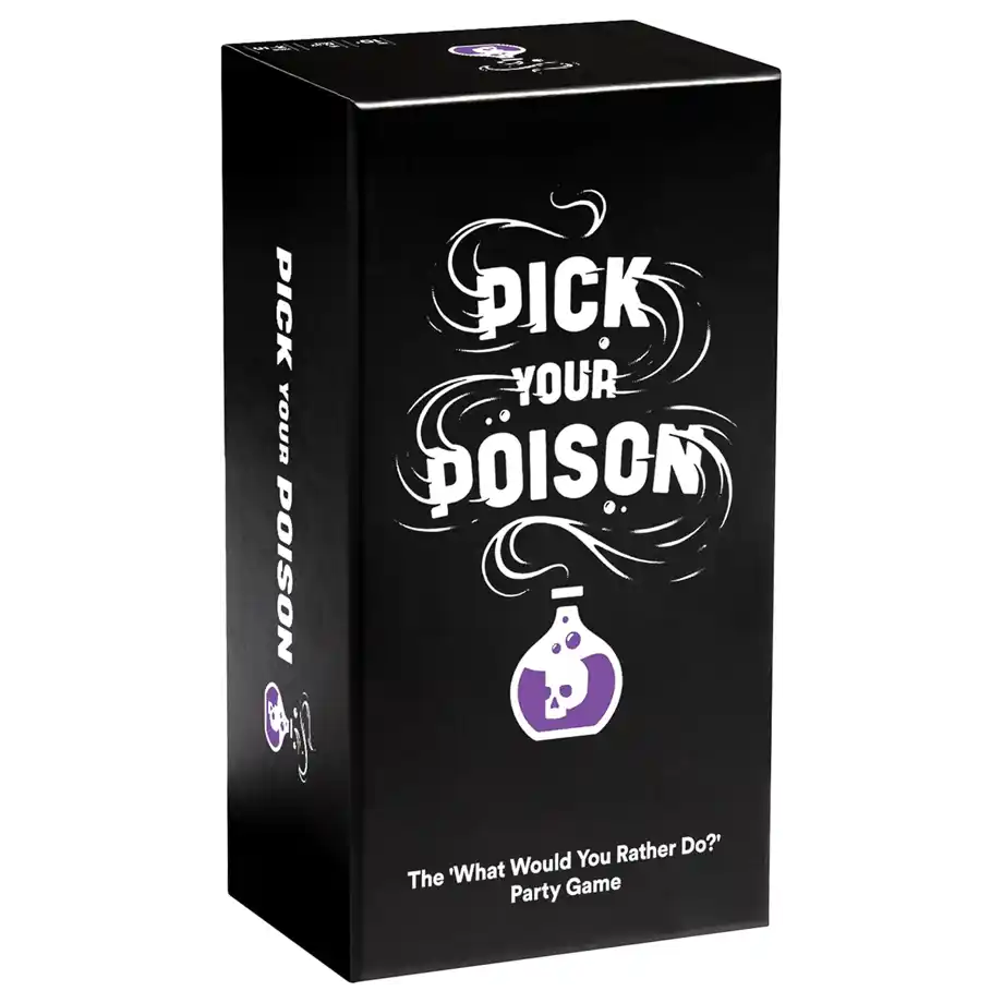 Box of "Pick Your Poison" game, a fun and challenging party game for adults featuring humorous "Would You Rather?" scenarios.