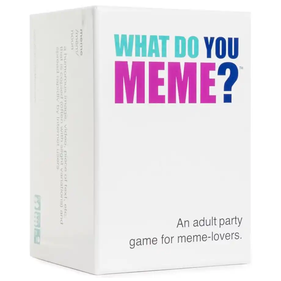 Box of "What Do You Meme?" game, a popular party game for adults that challenges players to create the funniest captions for memes.