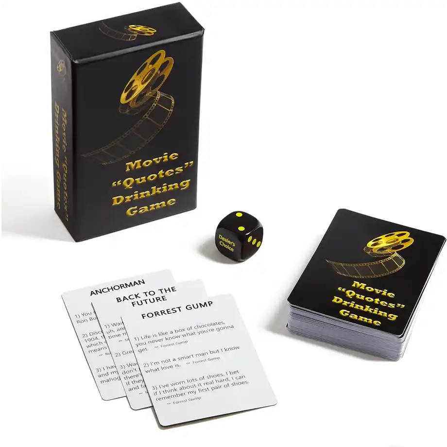 A box of the Movie Quotes Drinking Game with cards and dice, perfect for testing film knowledge during adult parties.