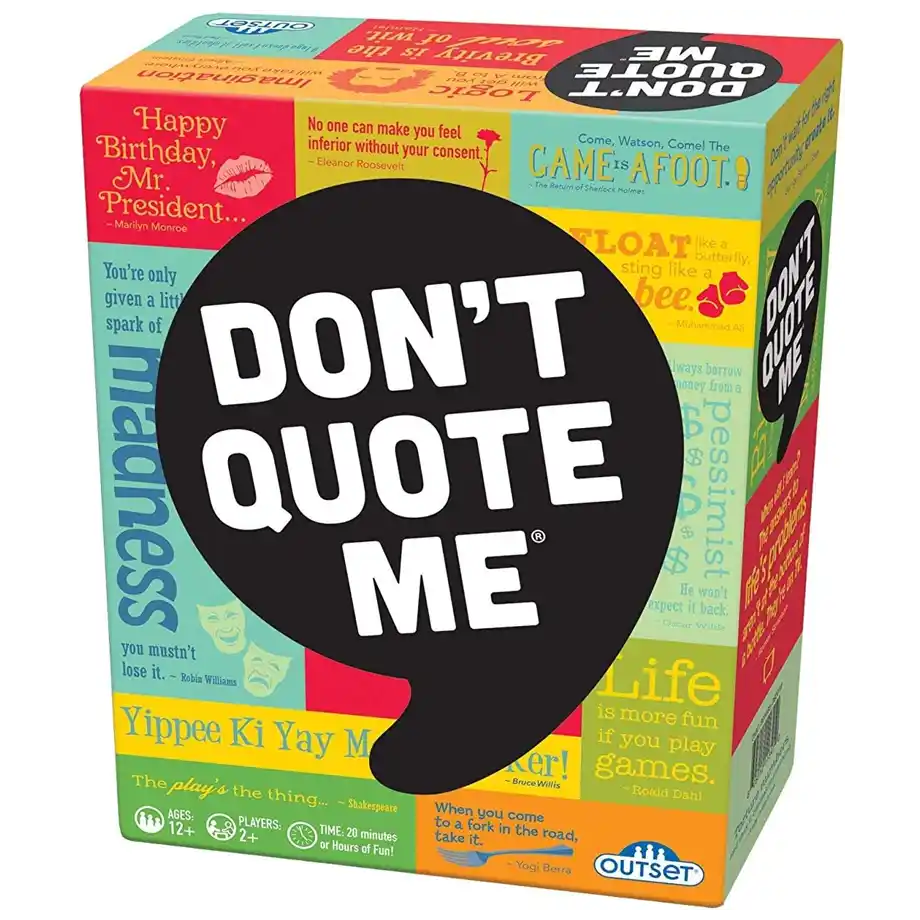 Box of "Don’t Quote Me" game, a trivia-based party game for adults featuring famous quotes and fun challenges.