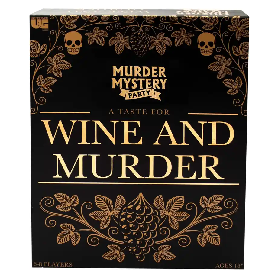 Box of "Murder Mystery Party: A Taste for Wine and Murder," a thrilling game for adults with roles, intrigue, and clues.