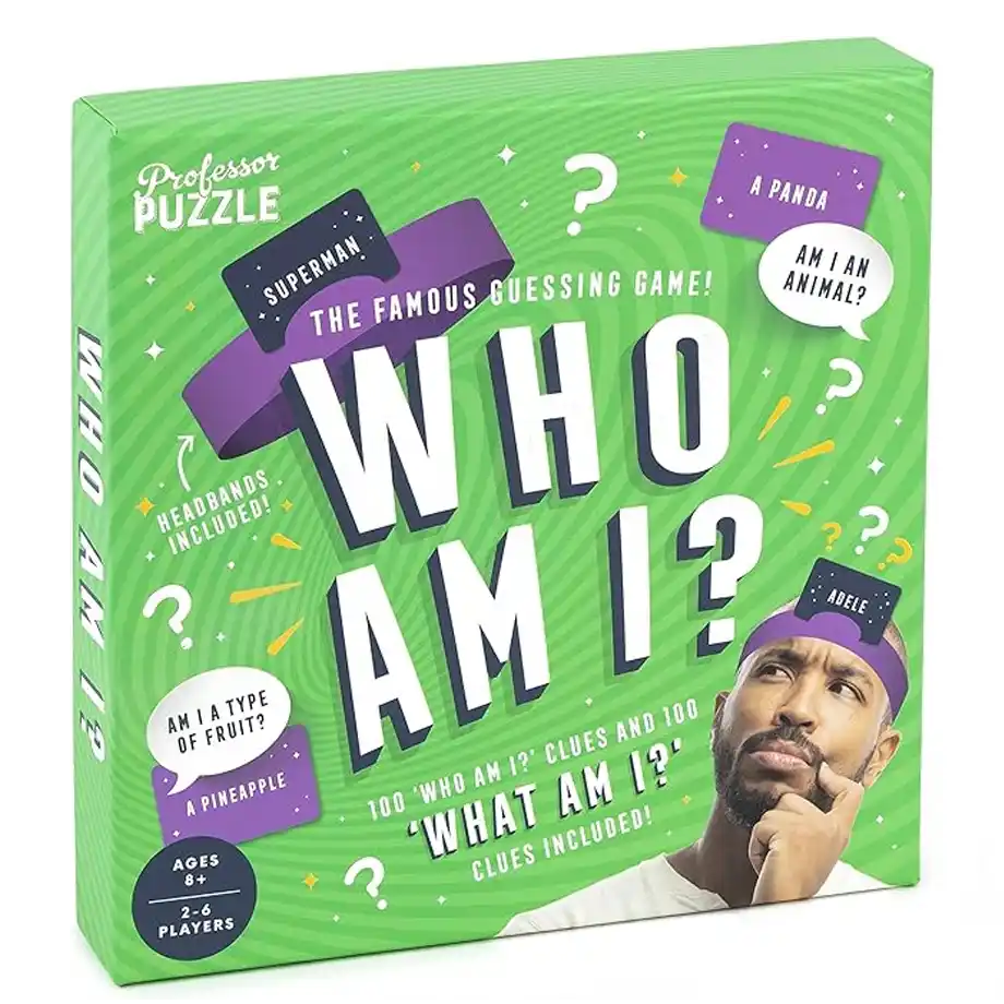 Box of 'Who Am I?' guessing game featuring fun questions and headbands, ideal for party games for adults