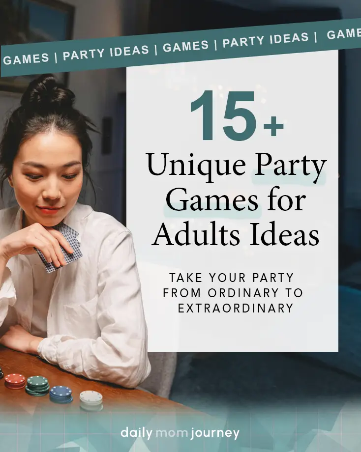 Grid layout of various party game options like trivia, guessing games, and scavenger hunts, offering fun-filled ideas for adult gatherings.