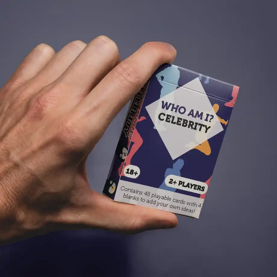 Compact 'Who Am I? Celebrity Edition' card game for adults, perfect for fun and engaging party games.