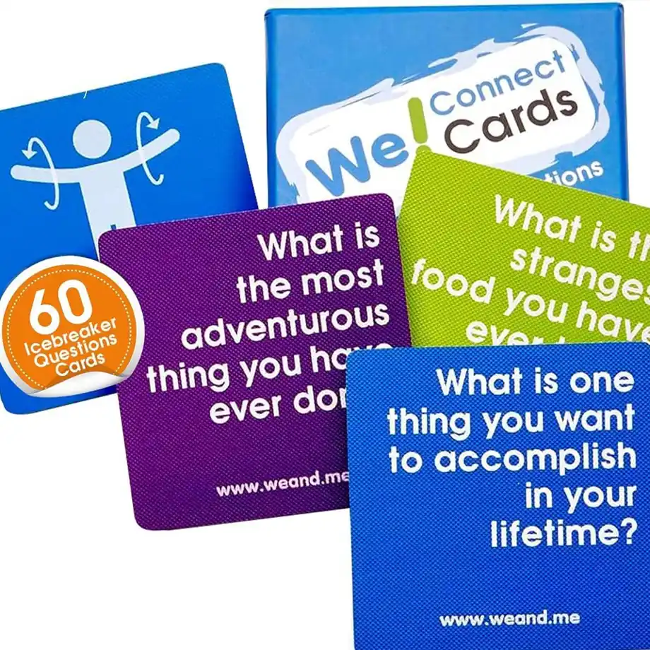 Deck of 'We! Connect Cards' featuring thought-provoking questions, ideal for icebreaker party games for adults.