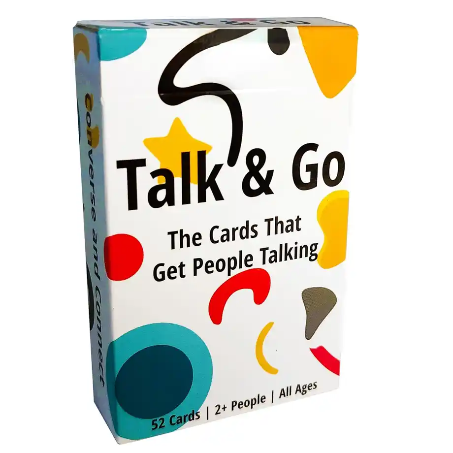 Box of 'Talk & Go' cards, designed to spark conversations and serve as easy icebreaker party games for adults.