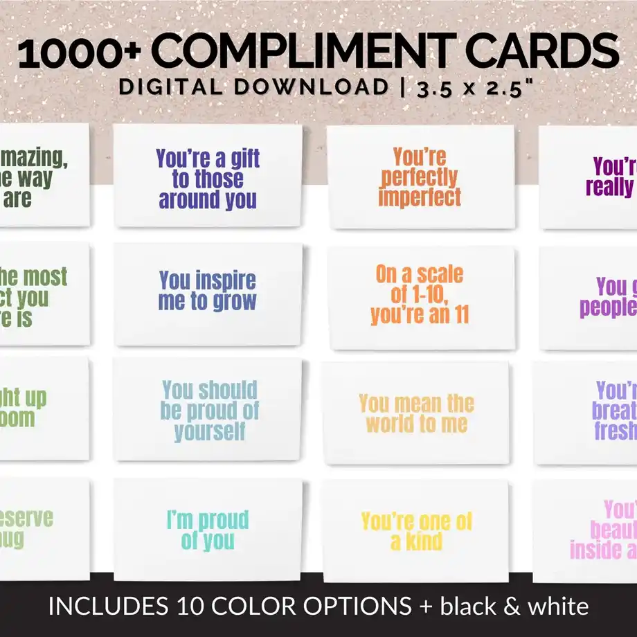 A set of digital compliment cards, perfect for meaningful and uplifting party games for adults.