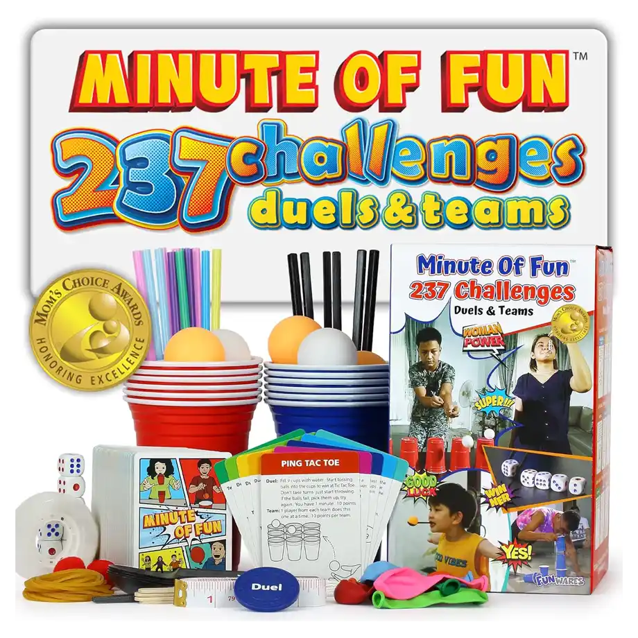 'Minute of Fun' game set featuring 237 challenges, great for competitive and fast-paced party games for adults.