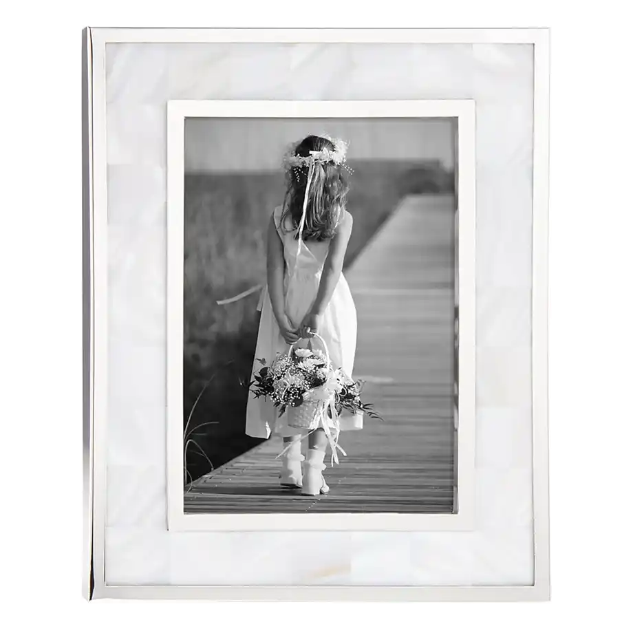 A sophisticated photo frame with a mother-of-pearl border, perfect for preserving memories as a 12-year anniversary gift.