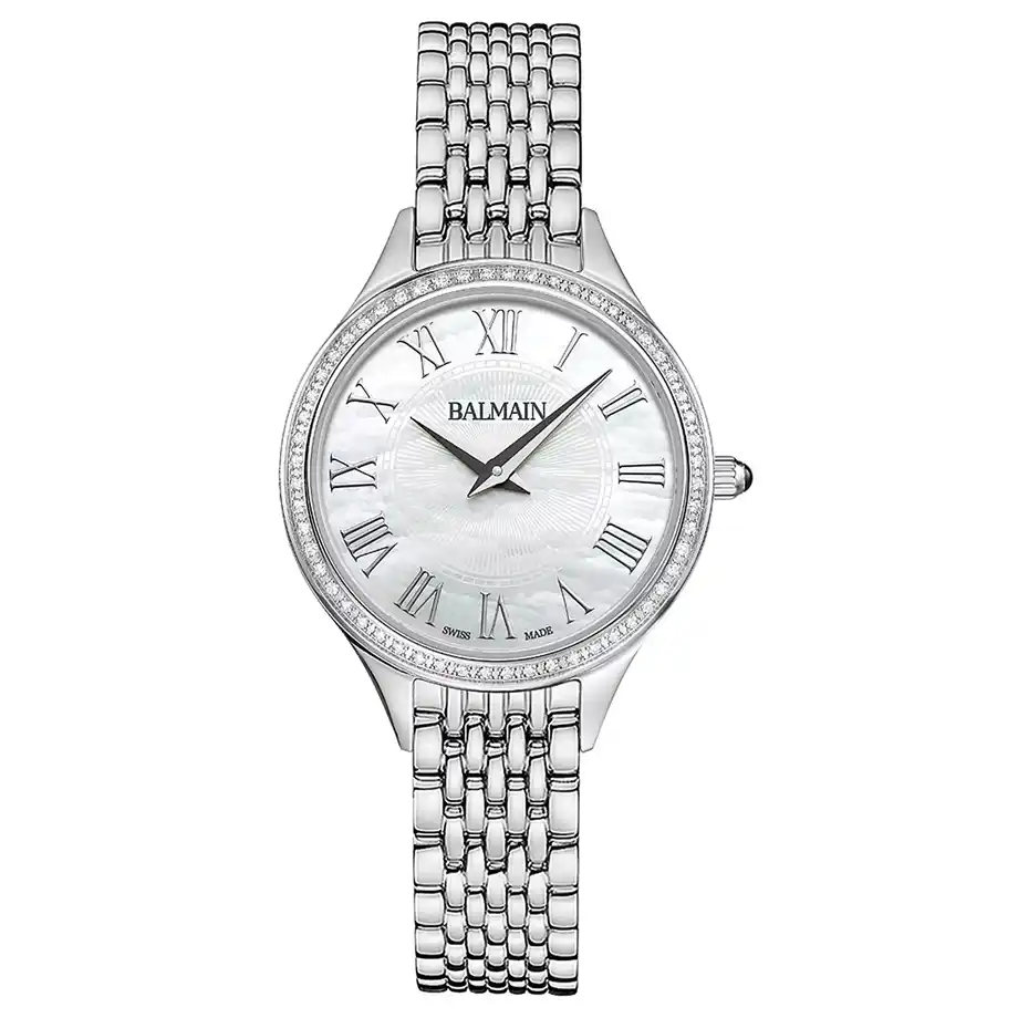 A sleek Balmain silver watch with a mother-of-pearl face and Roman numerals, a timeless 12-year anniversary gift.