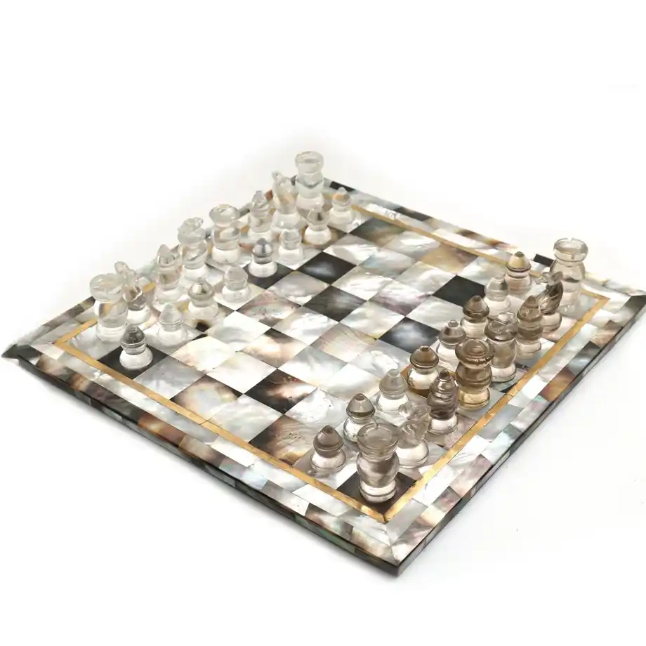 Chessboard crafted from mother-of-pearl, a unique 12-year anniversary gift idea.