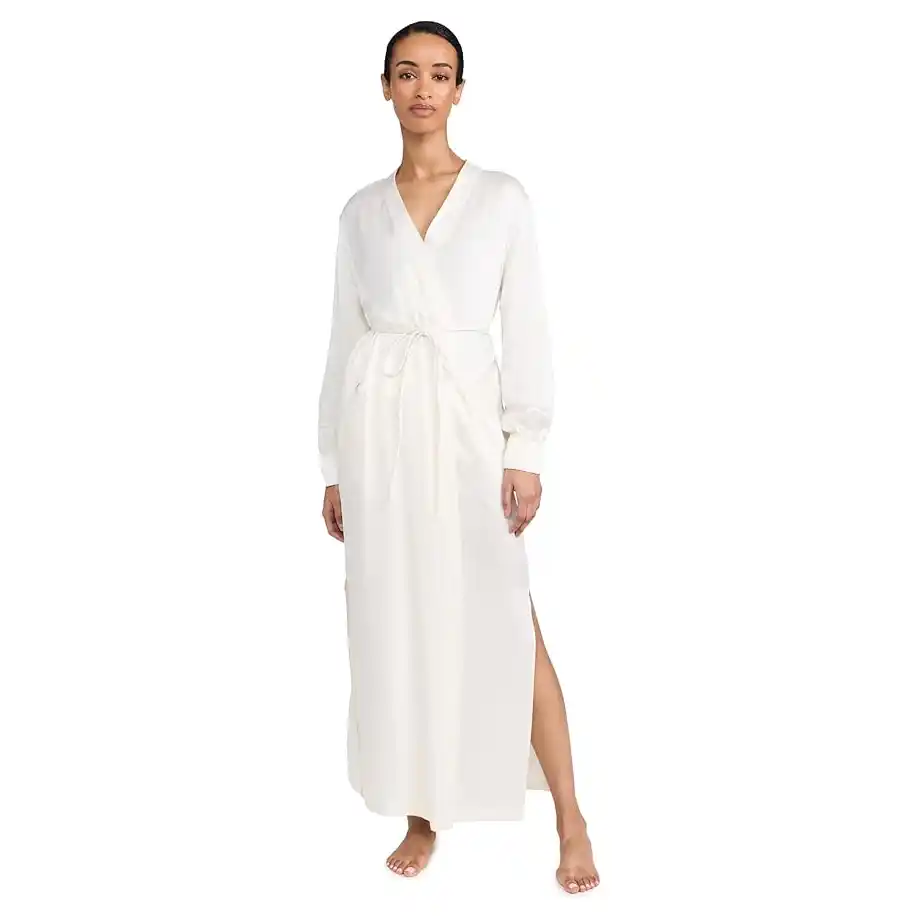 A white silk robe modeled on a person, a luxurious and personal choice for a 12-Year Anniversary Gift.