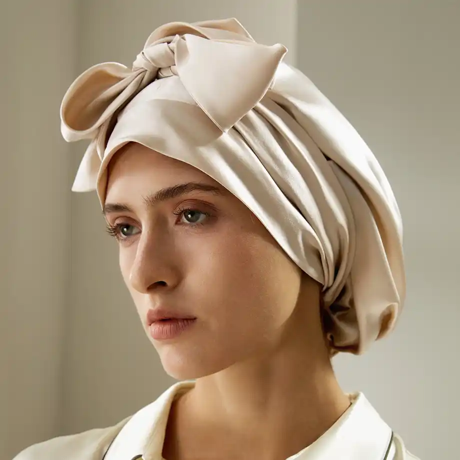 A woman wearing a cream-colored silk hair wrap, a thoughtful and practical 12-Year Anniversary Gift.