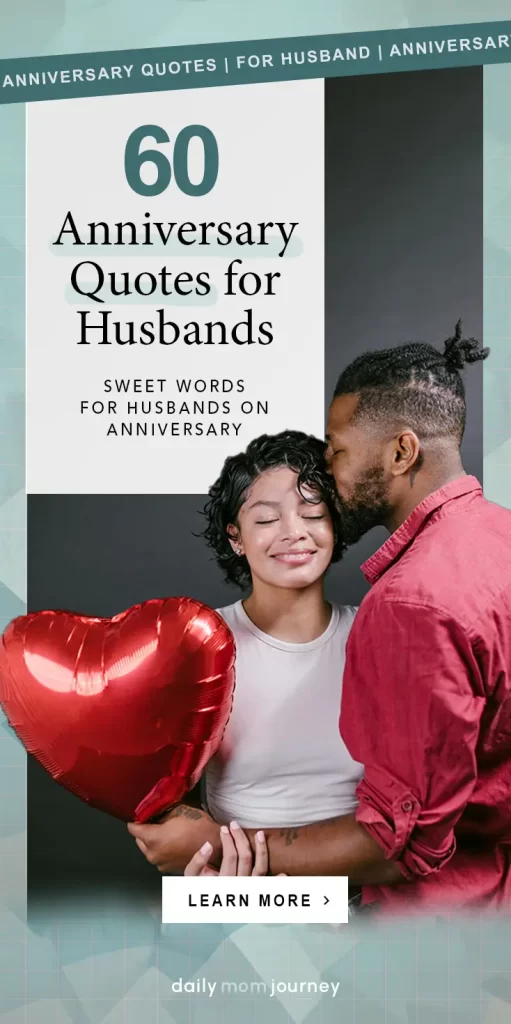 A loving couple celebrating their anniversary, featuring a heartfelt moment and a red heart-shaped balloon with the text "60 Anniversary Quotes for Husbands" displayed.