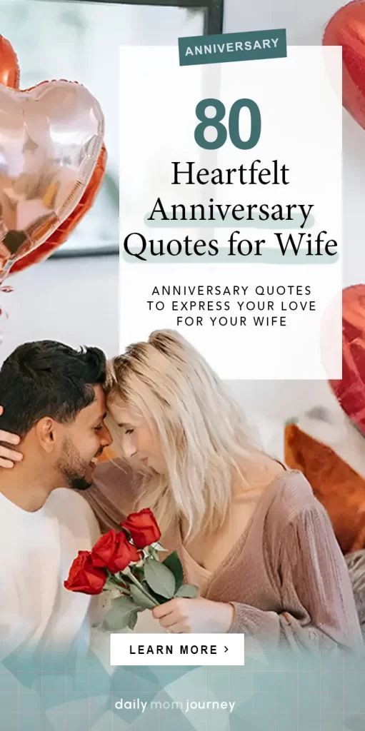 A romantic couple sharing an intimate moment, with the husband holding a bouquet of red roses, accompanied by the text "80 Heartfelt Anniversary Quotes for Wife."