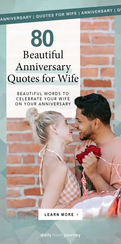 A happy couple sharing a close moment outdoors, holding red roses and balloons, with the text "80 Beautiful Anniversary Quotes for Wife."