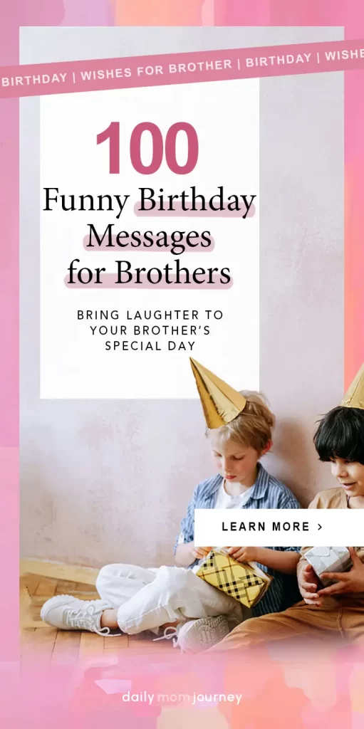 Two kids in party hats exchanging gifts during a joyful moment, highlighting '100 Funny Birthday Messages for Brothers.'