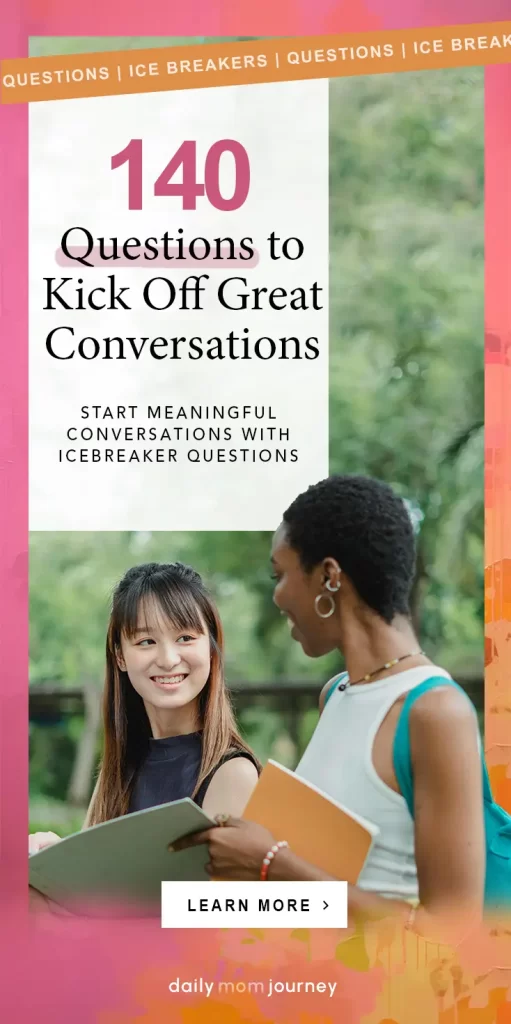 Two women smiling and chatting outdoors with notebooks, highlighting 140 ice breaker questions perfect for ice breaker games for adults and starting great conversations.